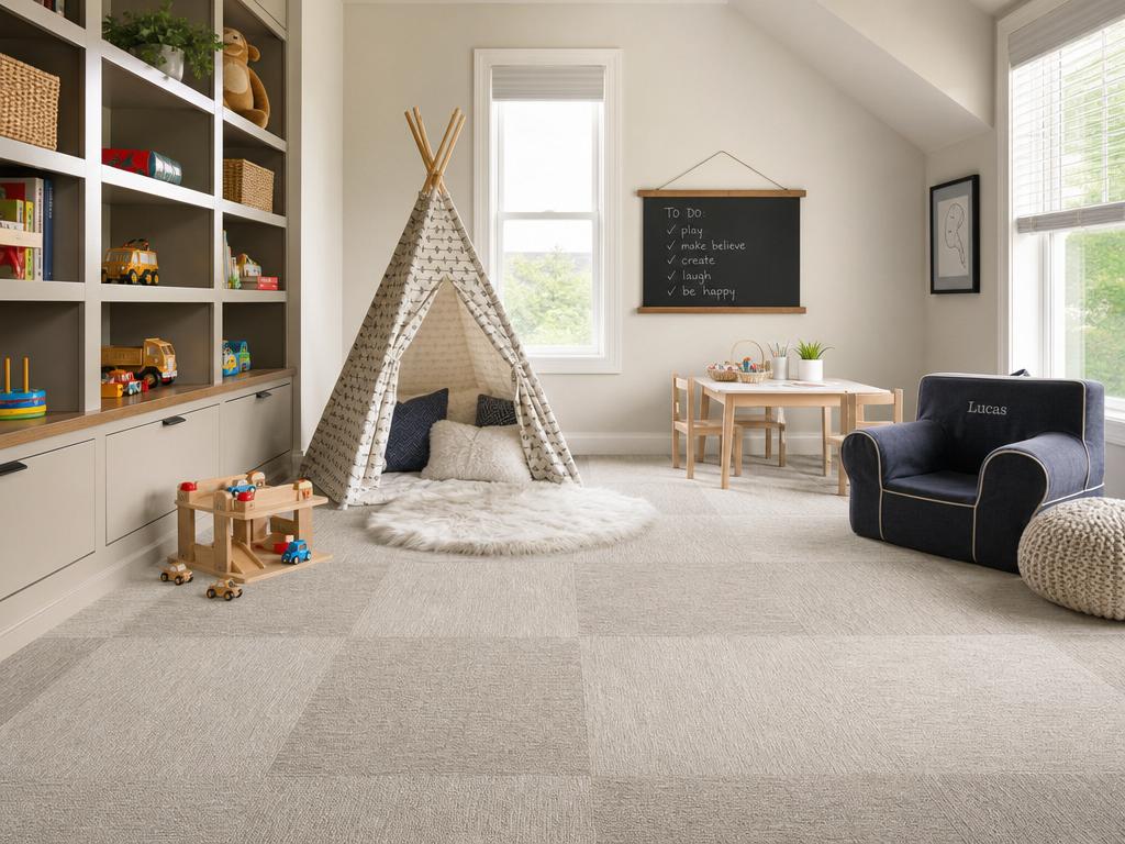 Carpet tiles for basements, offices, and play rooms
