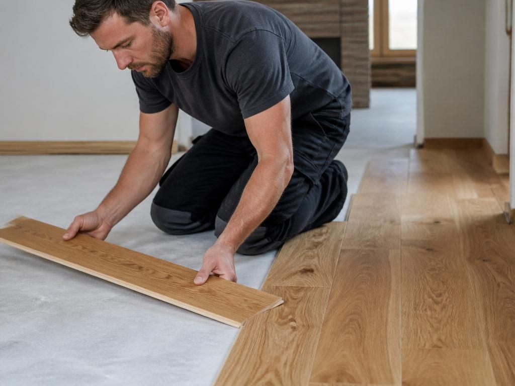 Professional flooring installer laying new plank flooring
