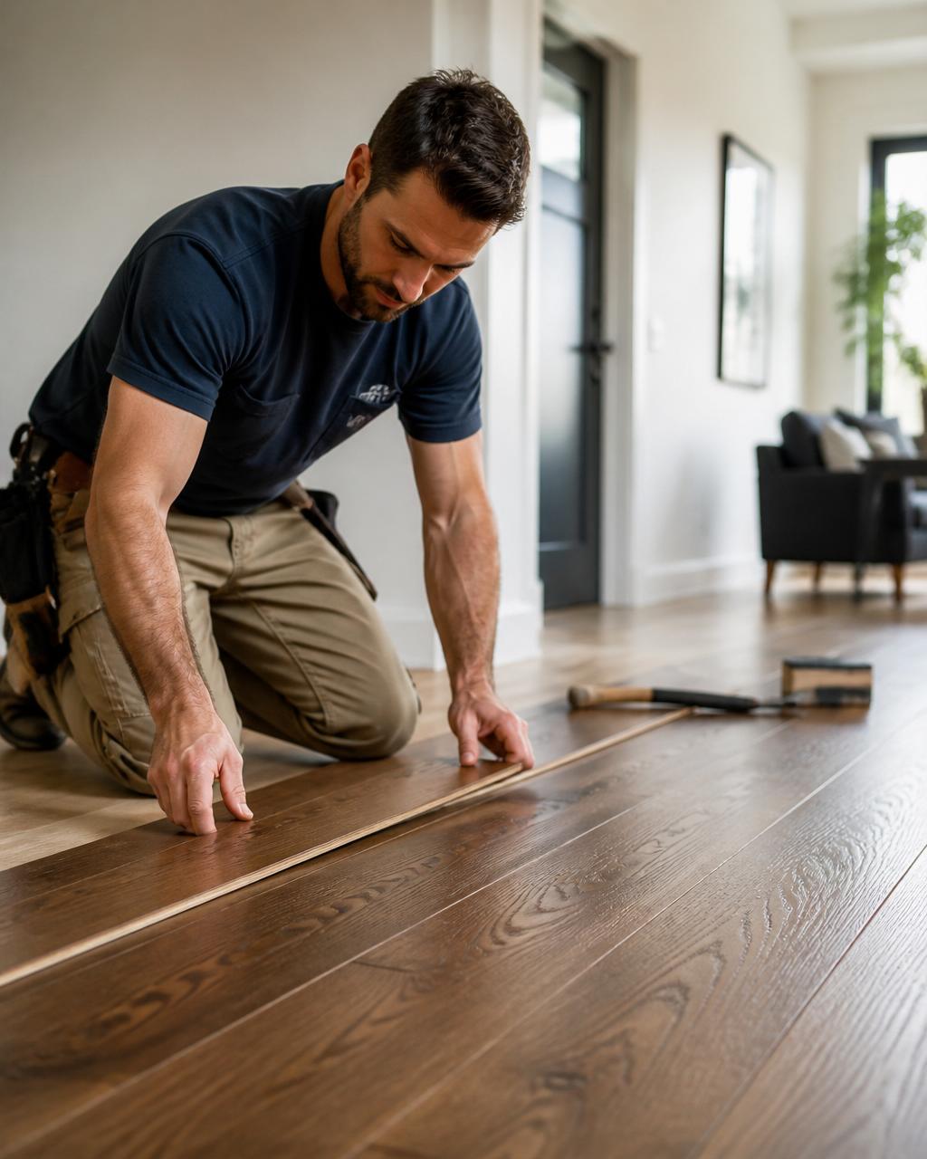 Craftsman carefully installing quality hardwood flooring