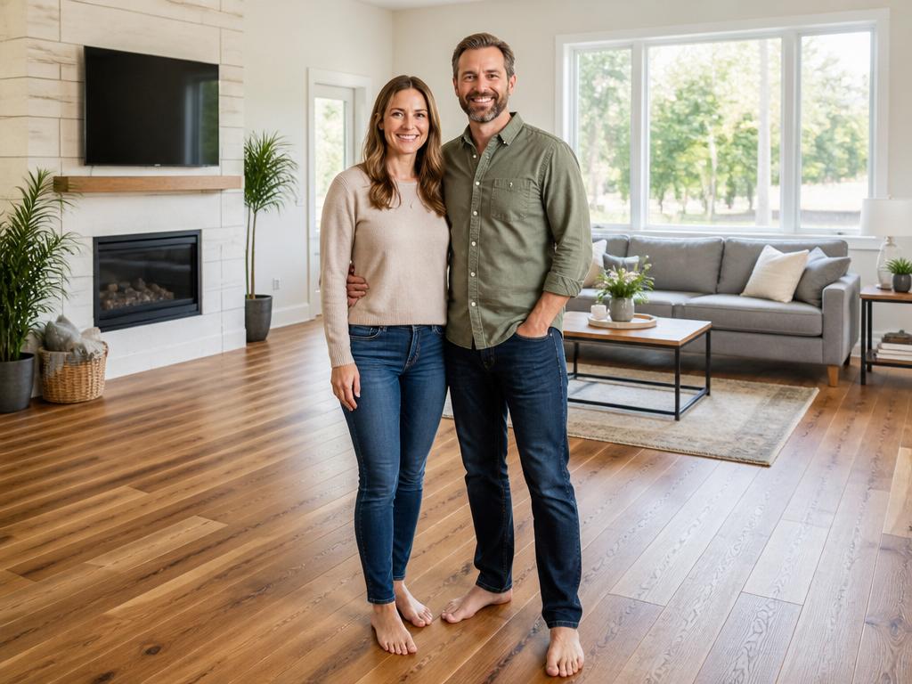 Happy homeowners in their living room with new flooring